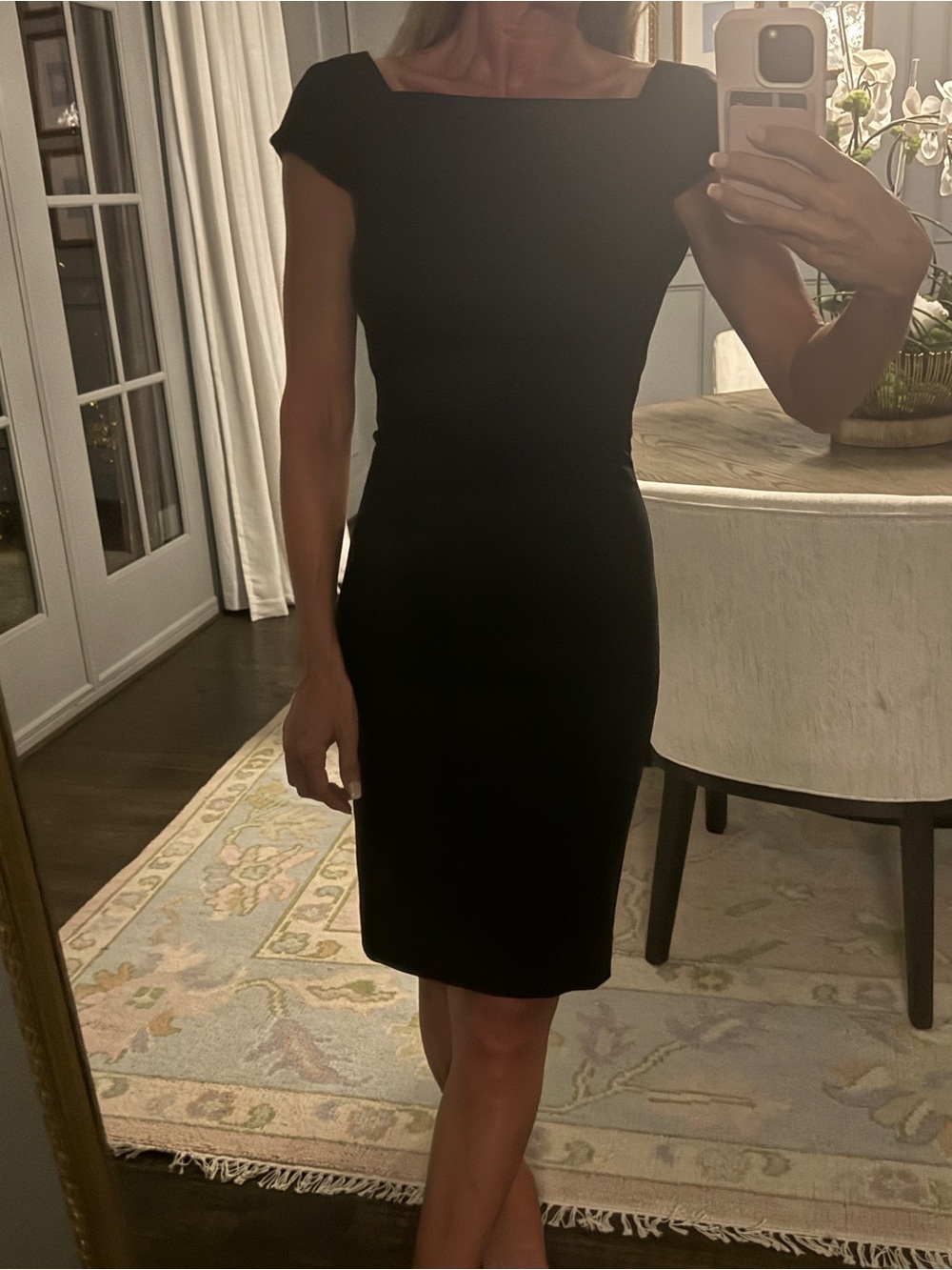 Reiss Twill Black Cap-Sleeve Midi Sheath Dress